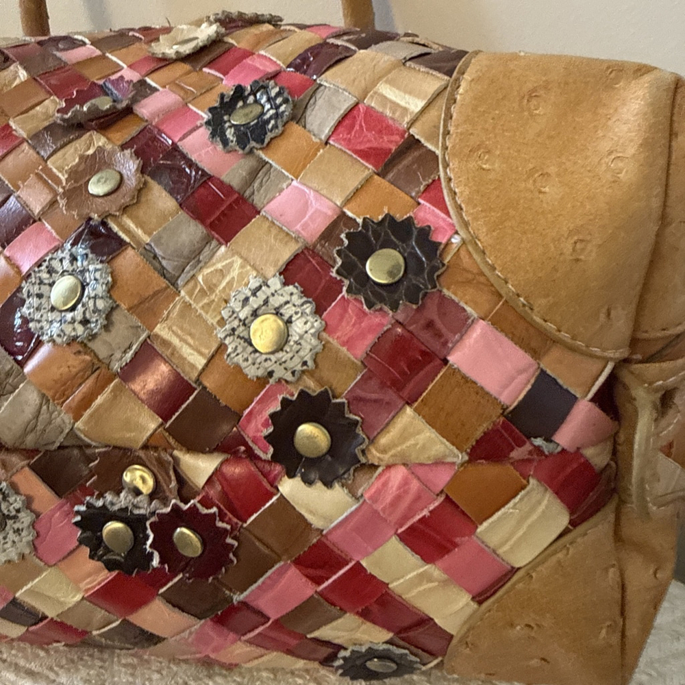Handmade Woven Multi Color Leather Bohemian Bag with Flower Appliqué Accent - Picture 6 of 9
